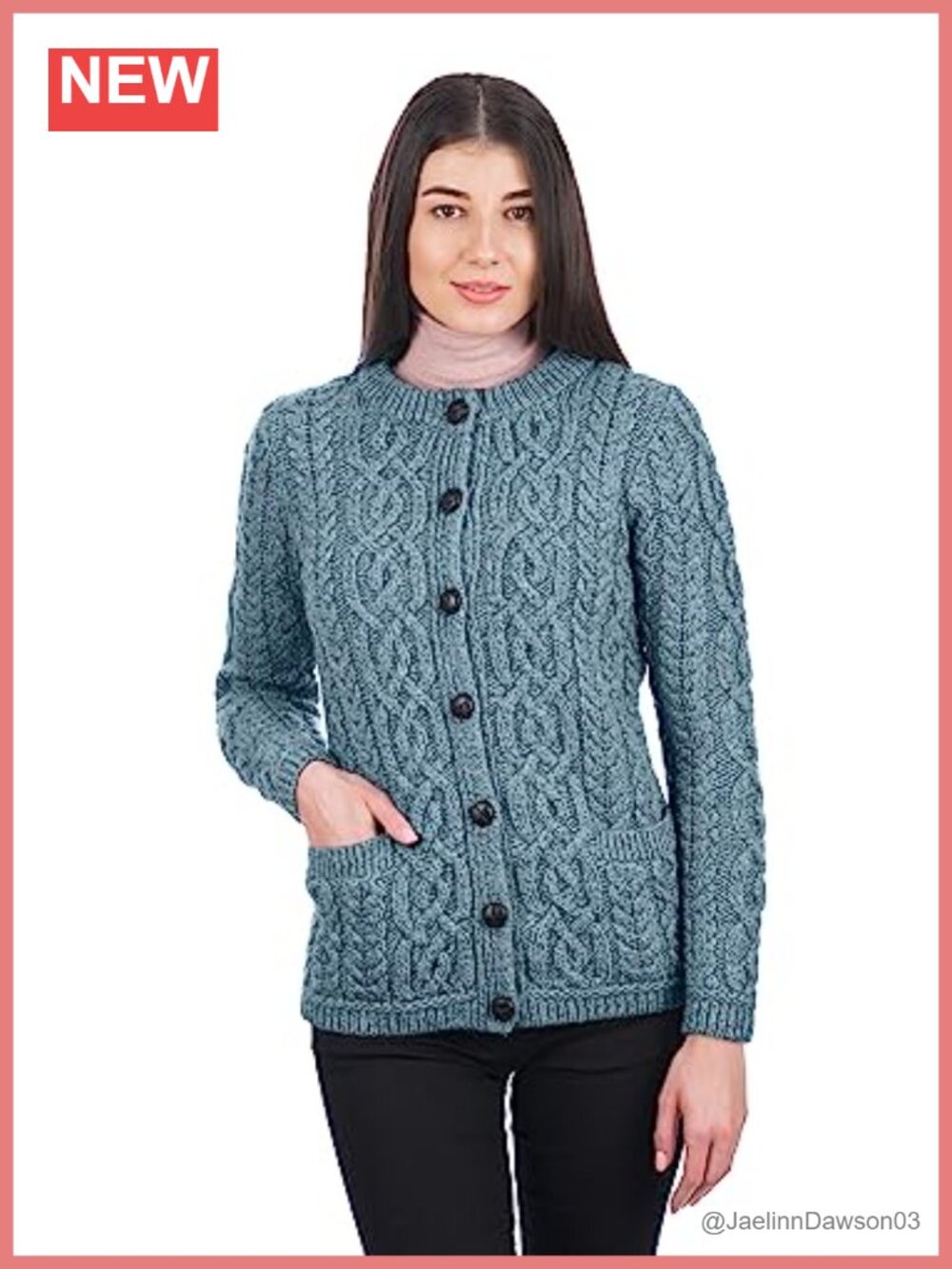 100% Merino Wool Aran Knit Cardigan with Pockets Button Front